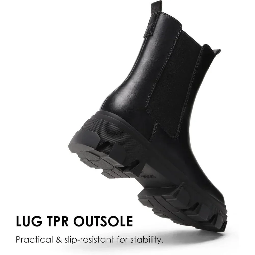 Women's Black PU Platform Chelsea Lug Sole Combat Mid Calf Slip On Ankle Boot - Picture 4 of 5
